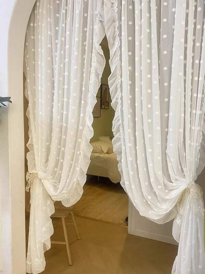 1pc/2pcs Romantic French White Lace Embossed Pom Pom Ruffle Curtain, Delicate Dot Voile Sheer Curtain Panel For Living Room Bedroom, Balcony Divider Half Curtain, Wedding Decor, Bridal Room Backdrop Curtain